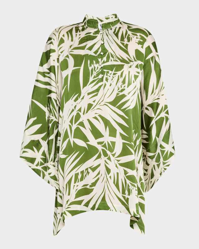Leaf-Print Satin Mini Caftan